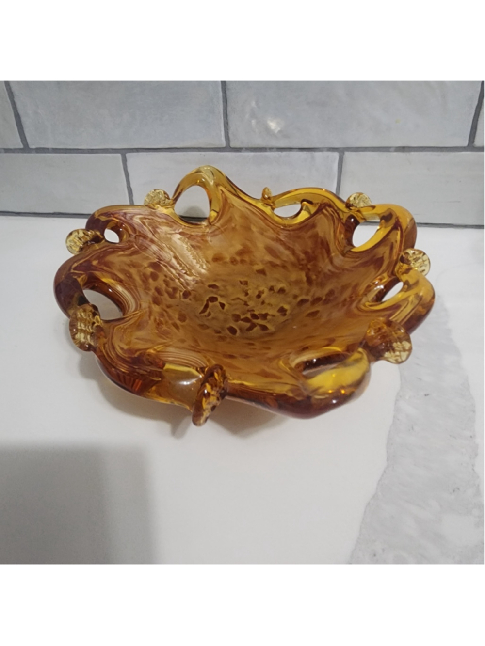White Cristal Murano art glass bowl handmade in Italy. Amber Gold